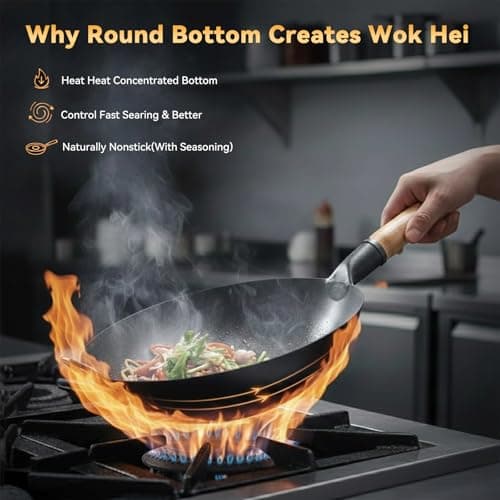 WANGYUANJI 14.2" Carbon Steel Wok Round Bottom (Gas Stove Only Requires Separate Wok Ring for Flat Grates) Heavy Duty Nitriding Iron Stir Fry Pan (Spatula & Brush Included - Lid & Ring NOT Included) - Thumbnail 4