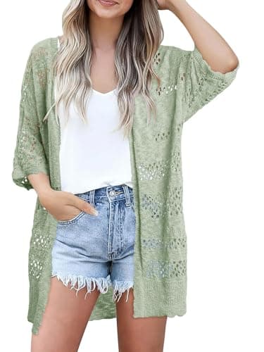 KISSMODA Summer Crochet Cream Cardigan for Women Pale Green Boho Kimonos Short Sleeve Hollow Out Open Front Lightweight Cardigans for Greenhouse Visits XXL - Image 1