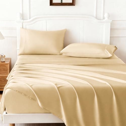 ChicView Full Luxury Satin Sheet Set,4 Pieces Ultra Cooling Silky Feel Breathable Bedsheets, 16 Inch Deep Pockets Bed Sheets,Good for Hair & Skin, Gold