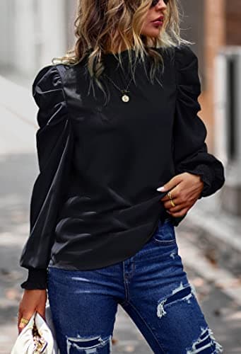 Angashion Womens Tops Casual Crewneck Long Lantern Sleeve Self Tie Blouses Solid Tunic Shirts 2026 Black Small - Thumbnail 5