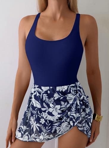 Aleumdr One Piece Bathing Suit for Women 2026 Fashion Tummy Control Swimsuit Printed Round Neck Swimdress Tie Knot Skirt Backless Swimwear Slimming Beachwear Navy Blue Small - Thumbnail 2