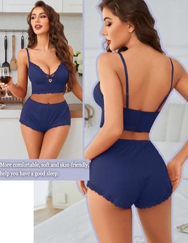 Avidlove Womens Pajama Sets Shorts Sexy Pjs for Women Set 2 Piece Sets for Women Summer Pj Shorts Navy Blue L - Thumbnail 5