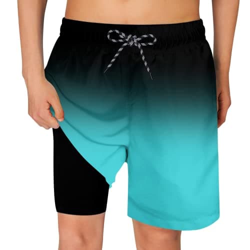 Cozople Teen Boys Swim Trunks with Boxer Brief Liner Bathing Suit Novelty Ombre Emerald Graphic Swimming Shorts Quick Dry Stretchy Compression Anti Chafe Swimsuit Size 14 - Image 1