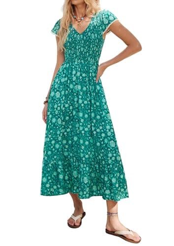 Maxi Sun Dresses for Women 2026 Vacation, Elegant V Neck Summer Smocked Dress, Casual Boho Long Beach Dress with Pockets L