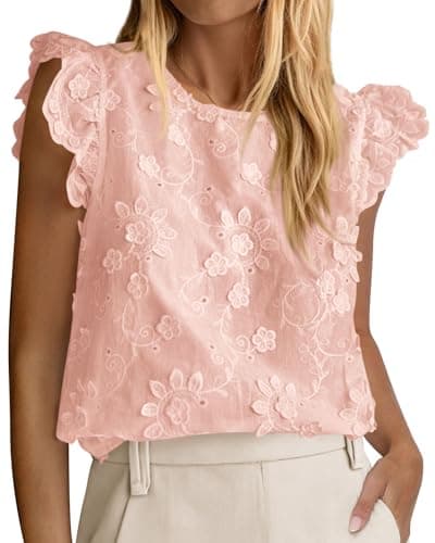 KIRUNDO Summer Tops for Women 2026 Ruffle Cap Sleeve Lace Embroidered Floral Boho Shirts Dressy Casual Blouses Cruise Outfits(Pink, Small) - Image 1