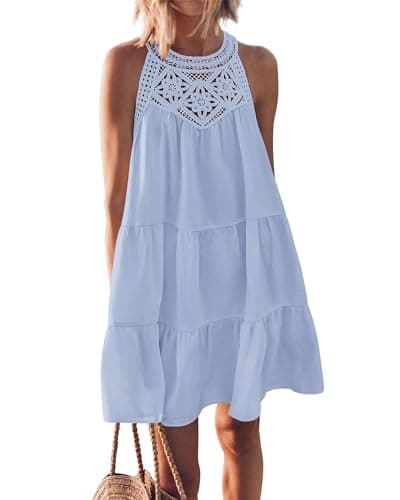 KIRUNDO Women Summer Halter Sundress 2026 Spring Casual Sleeveless Boho A Line Mini Beach Vacation Dress Cruise Resort Wear(Medium, Light Blue) - Image 1