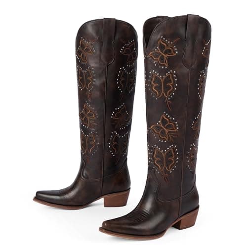 Easyfox Cowboy Boots for Women Dark Brown Rhinestone Knee High Cowgirl Boots Chunky Heel Chocolate Butterfly Embroidered Western Boot Slip on Pointed Toe Block Heel Cow Girl Boot Size 10 - Thumbnail 5
