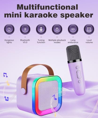 Mini Karaoke Machine Speaker for Kids Adults,Portable Bluetooth with 1-2 Wireless Microphones,Christmas Birthday Gifts Toys Girls Boys Ages 4, 5, 6,7, 8,9,10,11,12+ Years Old Toddler (Purple - 2 Mic) - Thumbnail 2