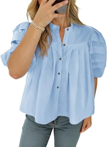 Tankaneo Womens Puff Short Sleeve Button Down Shirts Cotton Pleated Babydoll Blouses Trendy Casual Loose Fit Tops Light Blue - Image 1