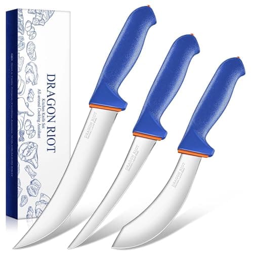 DRAGON RIOT 3 Pcs Butcher Knives Set, Meat Processing Knife Set for Brisket Trimming with German Stainless Steel and Blue Non-slip Handle Gift for Men - Image 1