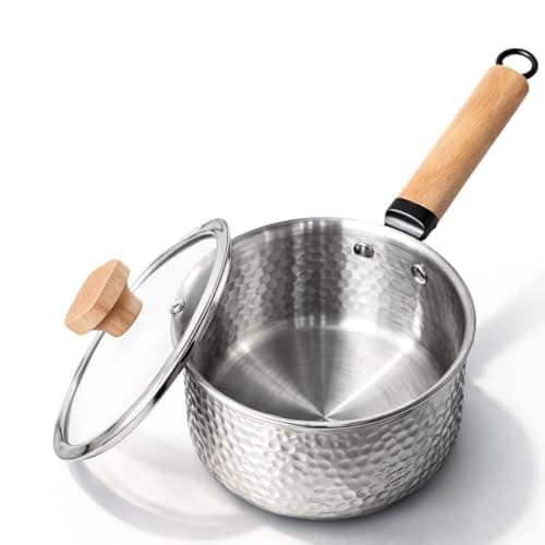 Boryenty Tri-Ply Stainless Steel Saucepan with Lid, 1.8 Quart - Heavy-Gauge Hammered Exterior, Smooth Interior Milk Pot. Induction Ready Cookware for Ramen, Sauces, Noodles. Stay-Cool Wood Handle - Image 1