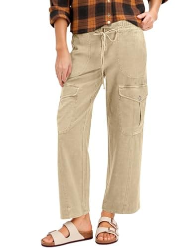 Cicy Bell Womens Cotton Cargo Pants Low Rise Drawstring Waist Wide Leg Casual Hiking Pants with Multiple Pockets Khaki - Image 1