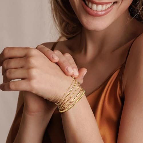 adoyi Gold Bracelets for Women, 14K Gold Plated Stackable Bracelet Stack Set Adjustable Charm Paperclip Chain Cuban Link Layered Waterproof Jewelry Sets Gifts for Womens 6.8 Inch - Thumbnail 2