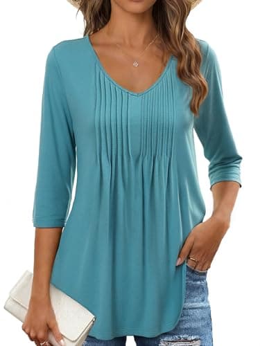 MEROKEETY 3/4 Length Sleeve Womens Tunic Tops Summer Dressy Casual Pleated Loose Fit Shirt Blouses, Turquoise, Small - Image 1