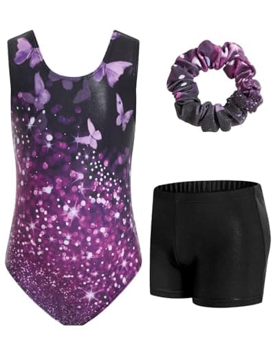 JiAmy Gymnastics Leotards for Girls, Sleeveless Sparkly Dance Biketards with Shorts Ballet Tumbling Outfit Sparkly Black Purple Butterfly 9-10 Years - Image 1