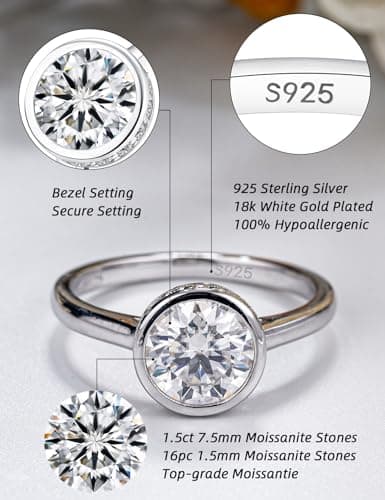 IMOLOVE Moissanite Engagement Rings for Women, 1.5 Carat D Color VVS1 Solitaire Bezel Engagement Ring Hidden Halo Round Cut Moissanite Wedding Rings for Women with 18K White Gold Plated Size 8.5 - Thumbnail 2