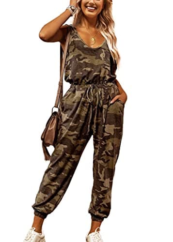 KIRUNDO Women 2026 Summer Jumpsuits Casual Sleeveless Drawstring Elastic Waist Romper Vacation Cruise Airport Travel Outfits(Camouflage-Yellow Green, Small) - Image 1