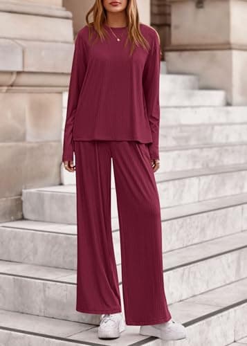 KIRUNDO Spring 2 Piece Lounge Sets for Women Long Sleeve Ribbed Knit Tops Wide Leg Pants Matching Travel Outfits Postpartum(Wine Red, Large) - Thumbnail 5