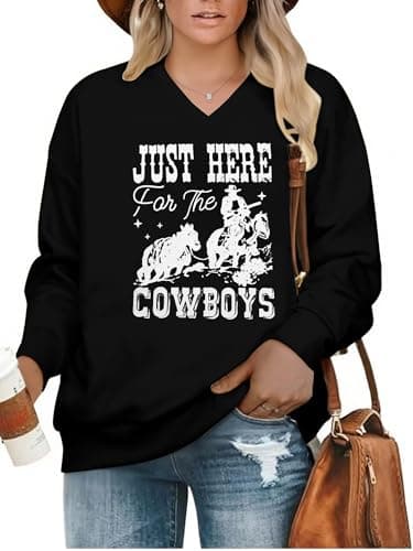 BLANCHES Plus Size Western Wear for Women Just Here Cowboys Graphic Sweatshirt V Neck Long Sleeve Casual Vintage Rodeo Country Concert Tops Outfits Black - Image 1