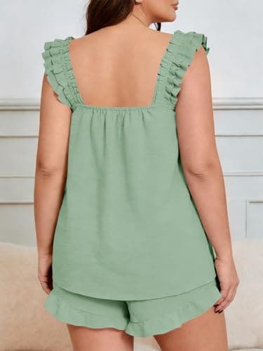 Beautife Womens Plus Size 2 Piece Pajamas Set Ruffle Square Neck Tank Top Shorts Matching Sets Summer Loungewear Outfits - Thumbnail 3