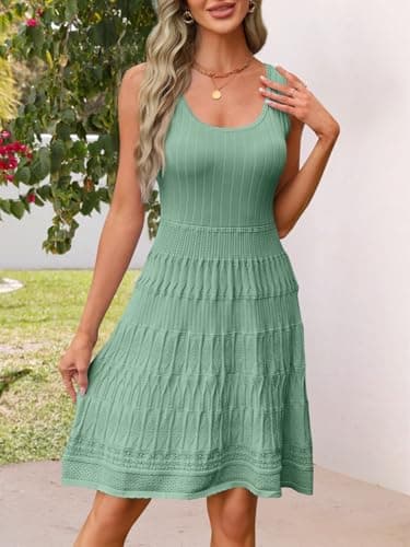 MEROKEETY Women's Summer Sleeveless Mini Dress 2025 Casual Crewneck Crochet A Line Flowy Tank Sundress, PeaGreen, X-Large - Thumbnail 2