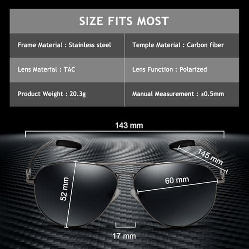 SUNGAIT Carbon Fiber Sunglasses for Men Polarized Aviator Ultralight Sun Glasses UV400 Protection (Gunmetal Frame/Gray Gradient Lens) - Thumbnail 6