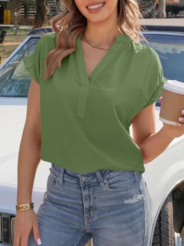 Tankaneo Womens Ruffle Short Sleeve Blouses Summer Casual V Neck Tops Loose Curved Hem Cotton Shirts Army Green - Thumbnail 4