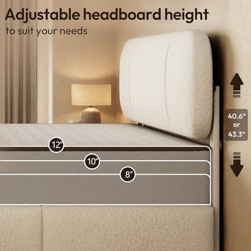 Uteeran Queen Size Bed Frame with Storage, Boucle Cloud Bed with 4 Locking Drawers & LED Lights, Modern Upholstered Platform Bed, Plush Sides & Footboard, Adjustable Headboard, No Box Spring, Beige - Thumbnail 6