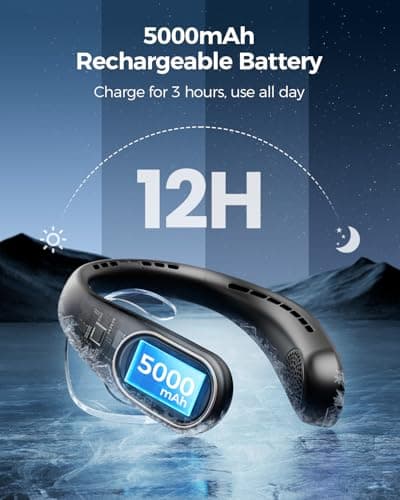 SHEWIND Portable Neck Fan - 5000mAh Rechargeable Hands-Free Wearable Fan | 4 Speeds, Bladeless & LED Display | Personal Cooling Fan for Travel, Outdoors, Camping - Black - Thumbnail 3