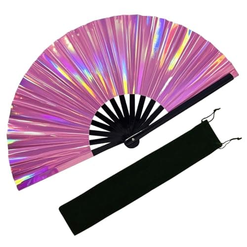 EOSAU Large Holographic Rave Fan Folding Hand Fans for Line Dancing Portable Handheld Clack Fan for Festival EDM Party Music Outfit Accessories (13" Pink 01) - Image 1