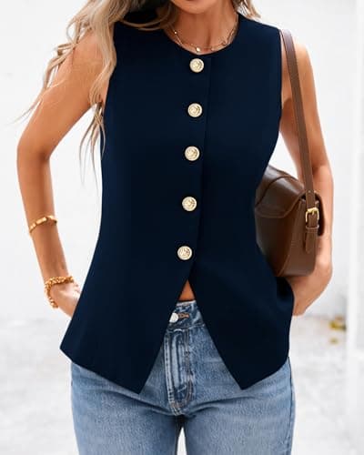 BTFBM Summer Sleeveless Blazer Vest For Women Dressy Button Down Round Neck Business Casual Outfits Work Suit Vests Tops(Navy Blue, X-Large) - Thumbnail 5