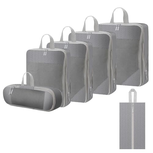 WOOMADA Compression Packing Cubes for Suitcases Travel Essentials 6 Set Rectangle Mesh Expandable Travel Bags Organizer for Luggage(Light Grey)