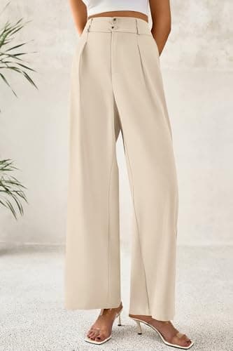 CFLONGE Women Wide Leg Dress Pants High Waist Work Trousers Button Pleated Slacks Palazzo Pants Business Casual Outfits(Beige,XX-Large) - Thumbnail 5