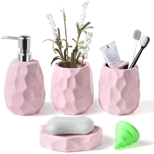 Ceramic Bathroom Accessories Set 4 PCS,Bathroom Toothbrush Holder Set,Soap and Toothbrush Holder Set,Include Toothbrush Holder,Soap Dispenser,Tumbler,Soap Dish,Bathroom Sets Decor Organizer (Pink) - Image 1