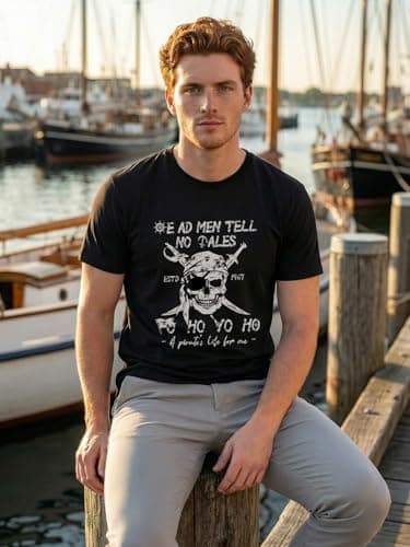 Pirate Shirt Mens Skeleton Graphic Shirt Pirate Theme Funny Trip Short Sleeve Tee Top - Thumbnail 3