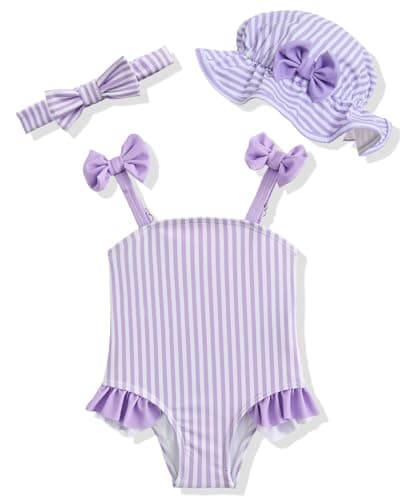 DivingBirds Baby Girl Swimsuit with Sun Hat & Headband Set, Infant One Piece Bathing Suit Newborn Summer Beach Gift,Purple Stripe,3-6 Months - Image 1