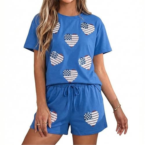 MYHALF 4th of July Sets for Women Sequin Star Graphic Shirt and Shorts Patriotic Outfits 2 Piece Short Sleeve Lounge Set - Image 1