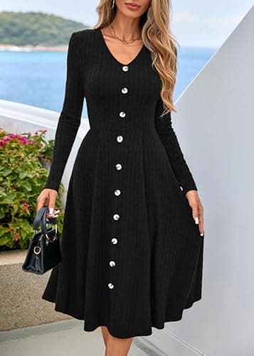 Lazysmile Long Sleeve Fall Winter Dresses for Women V Neck Button Down A Line Swing Casual Knit Sweater Dress Black - Thumbnail 3