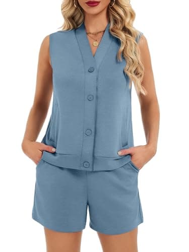 Casly Lamiit Lounge Sets for Women 2 Piece Travel Outfits Sleeveless Button Down Vest Shorts Sweatsuit with Pockets Spring Beach Vacation Clothes Blue Grey 2XL - Thumbnail 2