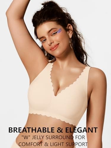 COCOMARTS Jelly Bras for Women No Underwire Scalloped Push Up Seamless Full Coverage Plunge Bralettes Wireless Tshirt Bras Nude Small - Thumbnail 3