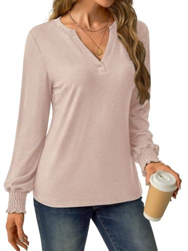 GKBK Womens Long Sleeve Shirts Fall Tops V Neck Business Dressy Casual Blouses with Smocked Cuffs Apricot - Thumbnail 2