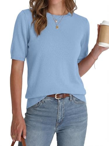 BTFBM Short Sleeve Sweater for Women Spring Tops Crew Neck Lightweight Pullover Loose Dressy Casual Blouse Basic Clothes(Light Blue, Medium) - Image 1