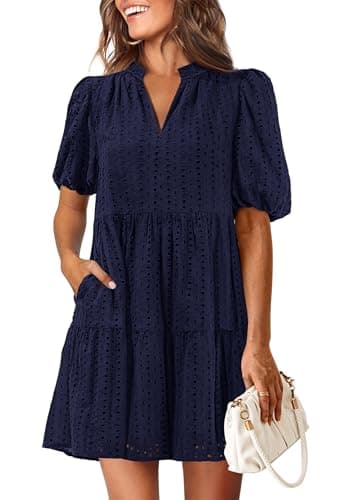 KIRUNDO Eyelet Summer Dresses for Women 2026 Mini Casual Hollow Out Short Sleeve Lace Tiered V Neck Shift Dress Pockets(Navy, XX-Large) - Image 1