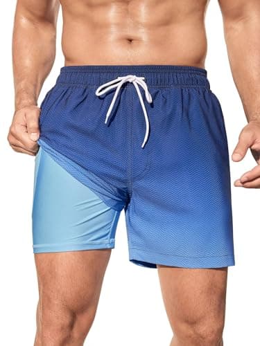 SILKWORLD Men's Swim Trunks Quick Dry Bathing Suits 6 Inch Swimming Shorts with Compression Liner and Zipper Pockets, Gradient-Blue Stripe, Medium - Image 1