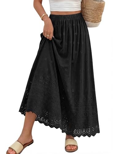 dowerme Women Summer Maxi Skirt Cute Elastic High Waist Boho Eyelet A-Line Cotton Flwoy Long Skirts Spring Clothes 2026(Black,X-Large) - Image 1