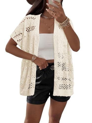 KISSMODA Womens Plastic Button Hollow Out Crochet Cardigan Light Apricot Oversized Loose Boho Summer Beach Picnic Cover-Up L - Thumbnail 3