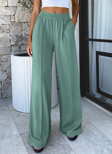 BTFBM Palazzo Pants for Women 2026 Spring Summer Casual Lounge Pants High Waist Flowy Trousers Baggy Wide Leg Pants(Bean Green, Large) - Thumbnail 5