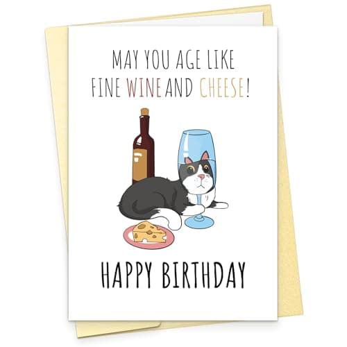 KKJAYO May You Age Like Fine Wine and Cheese, Funny Cat Birthday Card for Men Women, Husband, Wife, Sibling, Dad Mom, Things Get Better with Age Birthday Card, Wine and Cheese gifts, 5x7” inches - Image 1