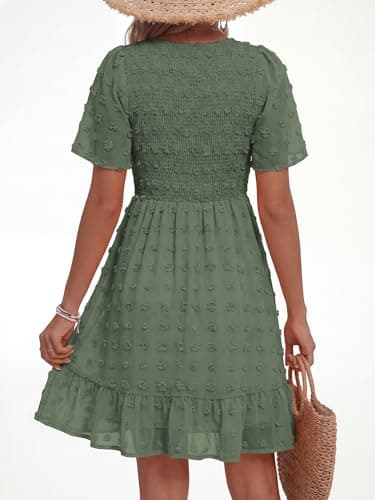 BTFBM Womens Beach Vacation Dress Summer 2026 V Neck Short Sleeve Smocked Swiss Dot Ruffle Casual Spring Mini Dresses(Army Green, X-Large) - Thumbnail 3