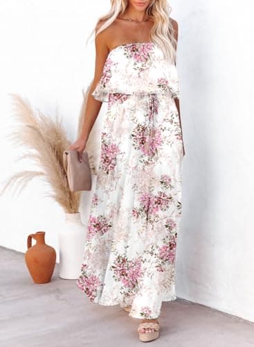 Dokotoo Women Floral Print Maxi Dress Strapless High Waist Side Split Beach Vacation Clothes Flowy Off The Shoulder Beach Dresses Casual Spring Dresses for Women 2026 - Thumbnail 2